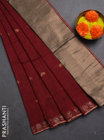 Bengal soft cotton saree maroon with allover thread woven buttas and zari woven border