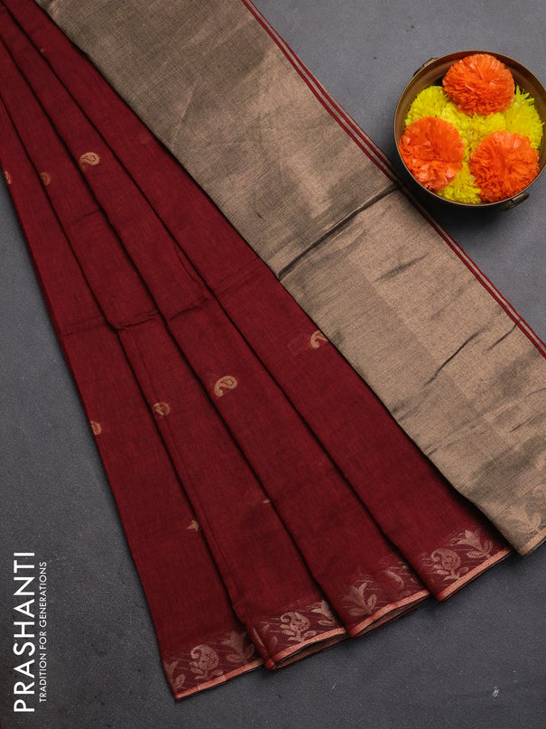 Bengal soft cotton saree maroon with allover thread woven buttas and zari woven border