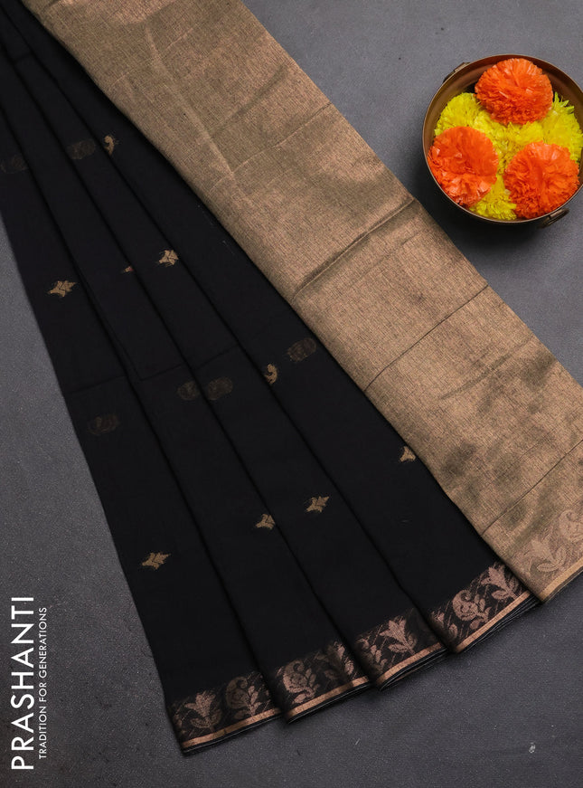 Bengal soft cotton saree black with allover thread woven buttas and zari woven border