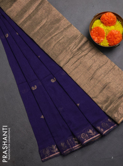 Bengal soft cotton saree navy blue with allover thread woven buttas and zari woven border