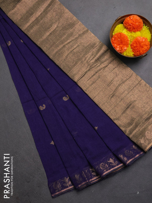 Bengal soft cotton saree navy blue with allover thread woven buttas and zari woven border