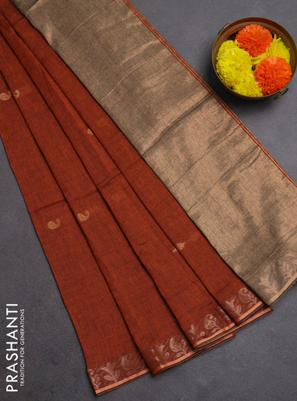 Bengal soft cotton saree rust shade with allover thread woven buttas and zari woven border