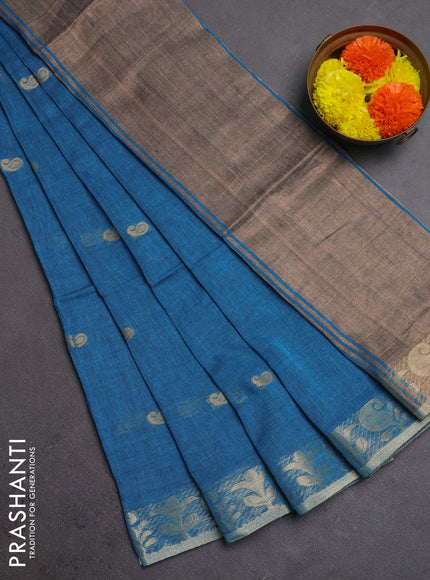 Bengal soft cotton saree cs blue with allover thread woven buttas and zari woven border