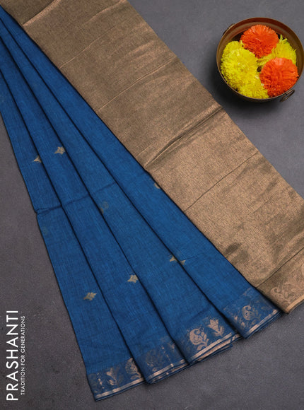 Bengal soft cotton saree cs blue with allover thread woven buttas and zari woven border
