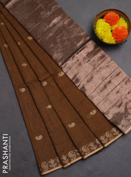 Bengal soft cotton saree dark mustard with allover thread woven buttas and thread woven border