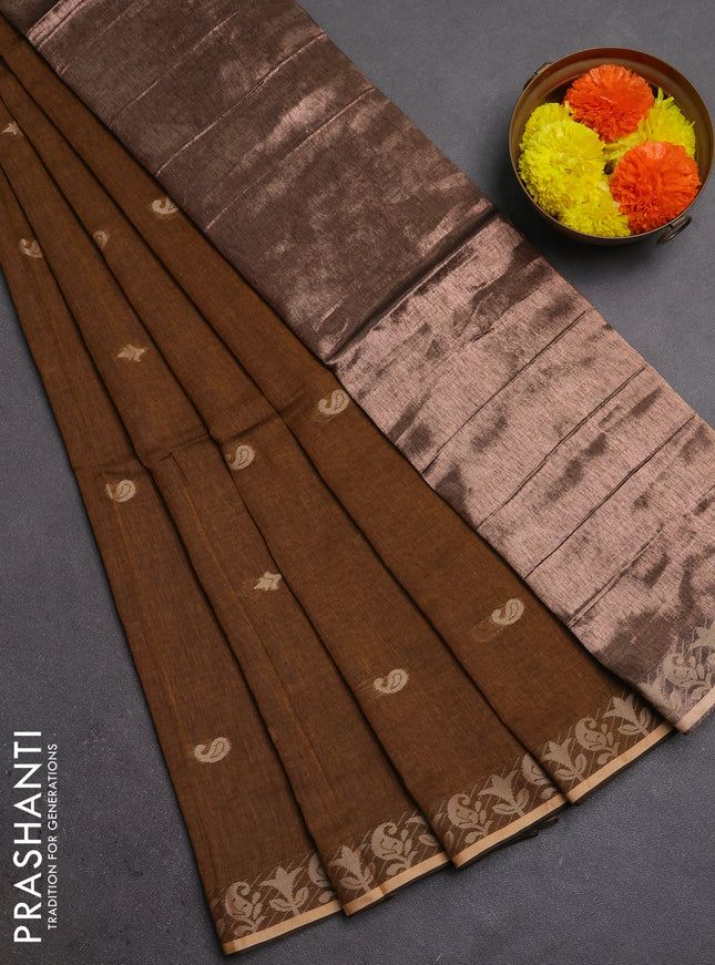 Bengal soft cotton saree dark mustard with allover thread woven buttas and thread woven border