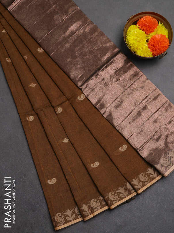 Bengal soft cotton saree dark mustard with allover thread woven buttas and thread woven border