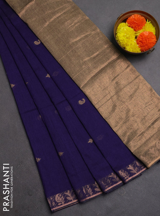 Bengal soft cotton saree navy blue with allover thread woven buttas and zari woven border