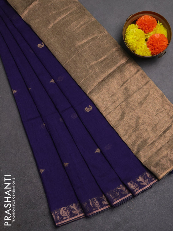 Bengal soft cotton saree navy blue with allover thread woven buttas and zari woven border
