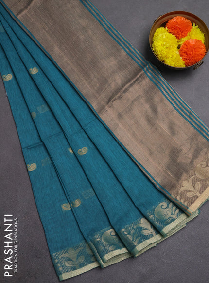 Bengal soft cotton saree cs blue with allover thread woven buttas and zari woven border