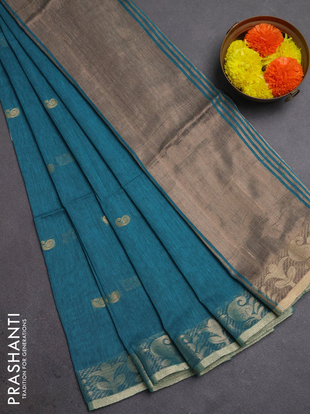 Bengal soft cotton saree cs blue with allover thread woven buttas and zari woven border