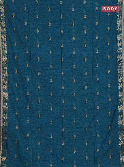 Bengal soft cotton saree cs blue with allover thread woven buttas and zari woven border