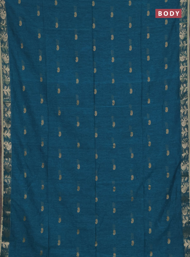 Bengal soft cotton saree cs blue with allover thread woven buttas and zari woven border