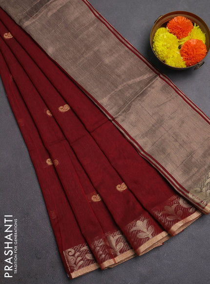 Bengal soft cotton saree maroon with allover thread woven buttas and zari woven border
