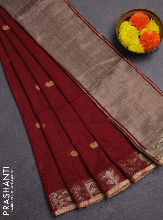 Bengal soft cotton saree maroon with allover thread woven buttas and zari woven border
