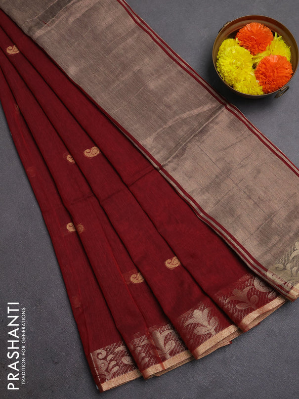 Bengal soft cotton saree maroon with allover thread woven buttas and zari woven border