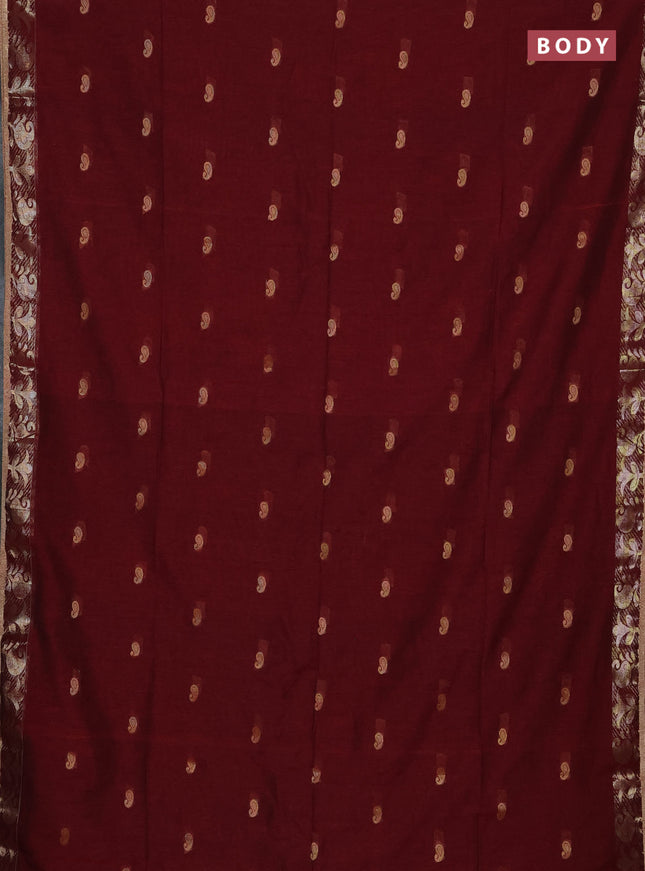 Bengal soft cotton saree maroon with allover thread woven buttas and zari woven border