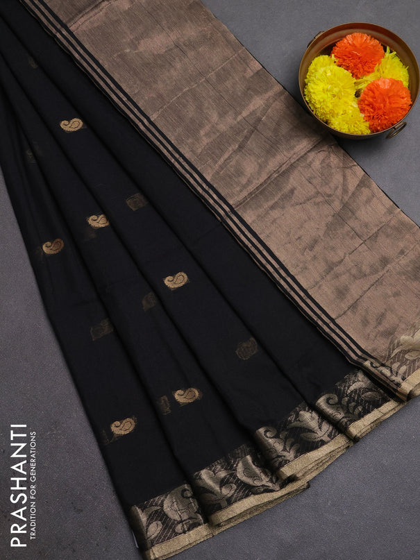 Bengal soft cotton saree black with allover thread woven buttas and zari woven border