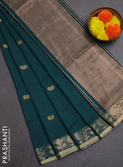 Bengal soft cotton saree peacock green with allover thread woven buttas and zari woven border