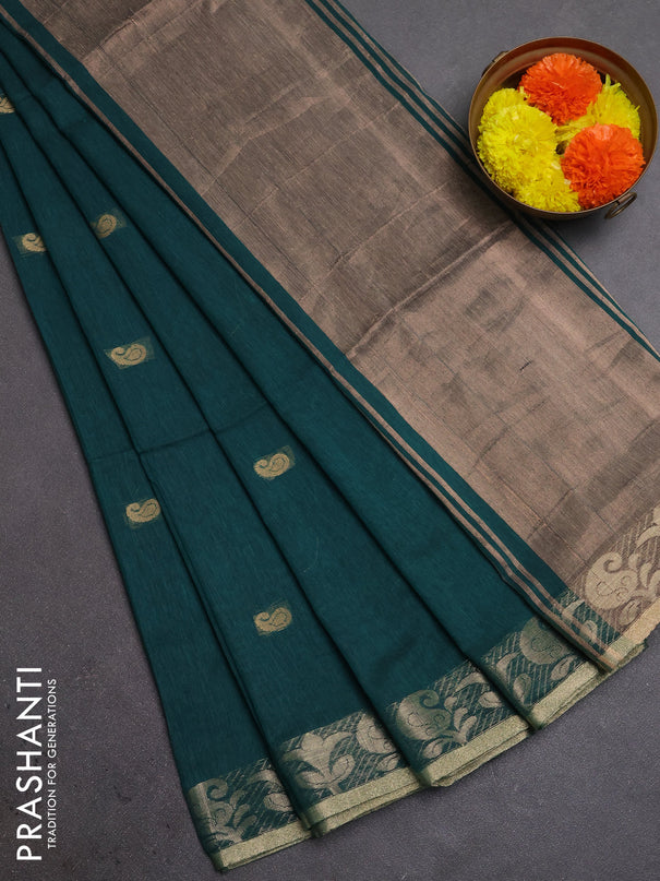 Bengal soft cotton saree peacock green with allover thread woven buttas and zari woven border