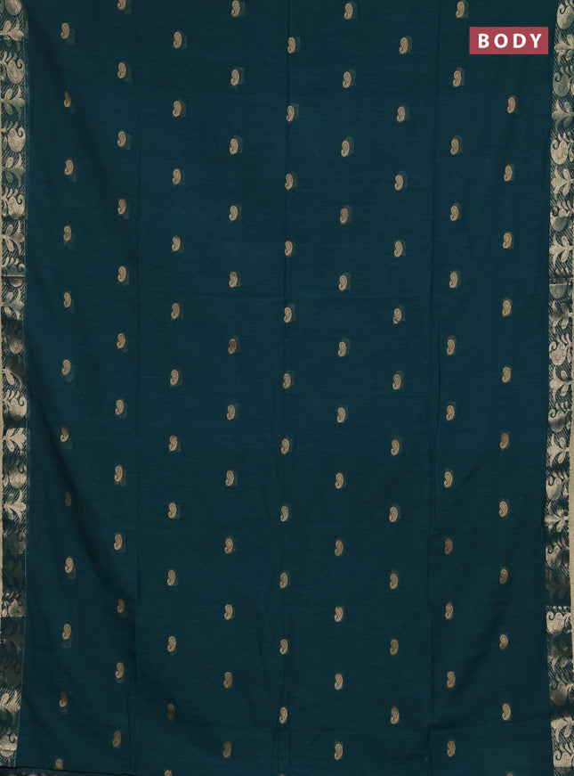 Bengal soft cotton saree peacock green with allover thread woven buttas and zari woven border