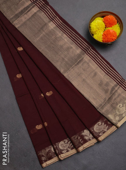 Bengal soft cotton saree deep wine shade with allover thread woven buttas and zari woven border