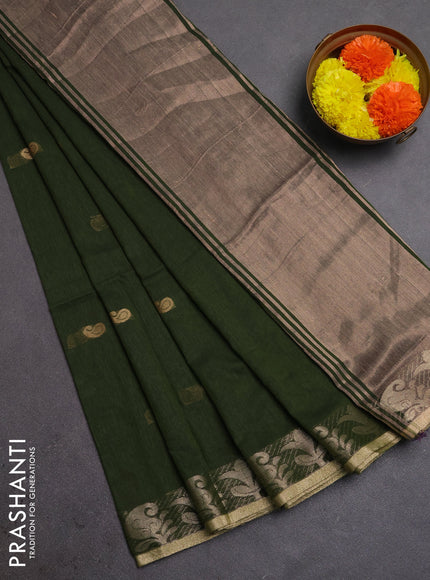 Bengal soft cotton saree mehendi green with allover thread woven buttas and zari woven border