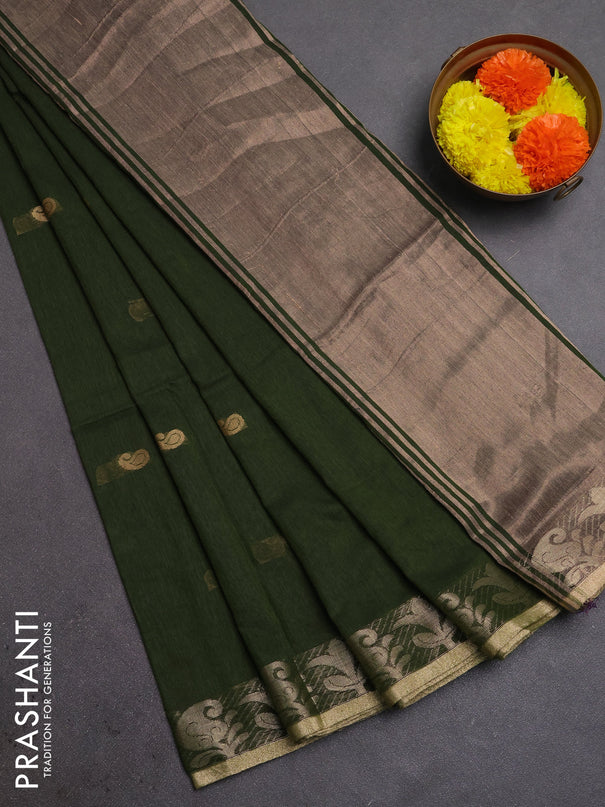 Bengal soft cotton saree mehendi green with allover thread woven buttas and zari woven border