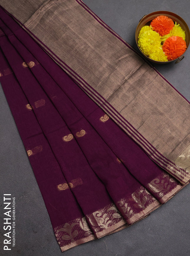 Bengal soft cotton saree purple with allover thread woven buttas and zari woven border