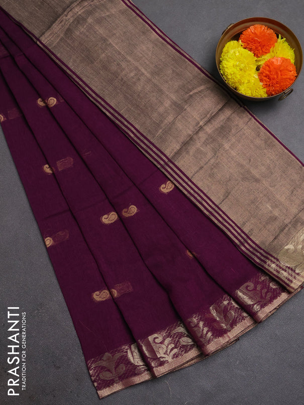 Bengal soft cotton saree purple with allover thread woven buttas and zari woven border