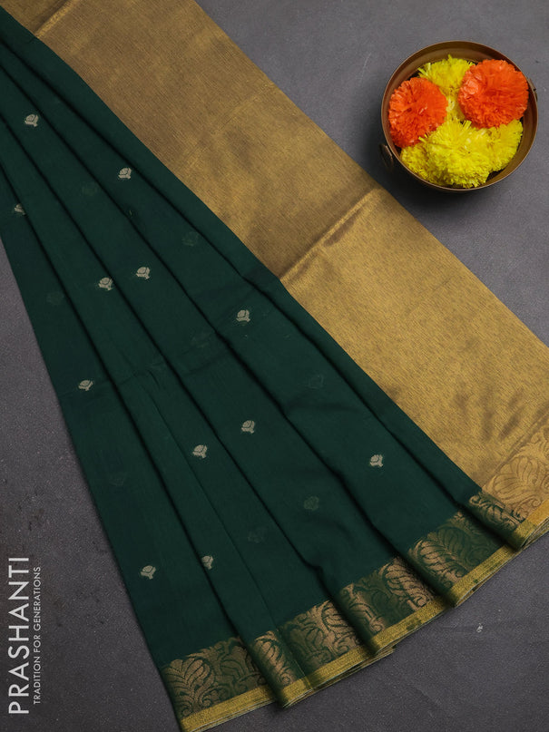 Bengal soft cotton saree bottle green with allover thread woven buttas and zari woven border