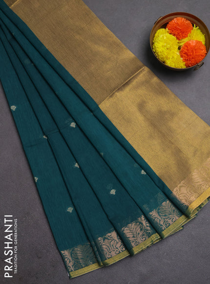 Bengal soft cotton saree peacock green with allover thread woven buttas and zari woven border
