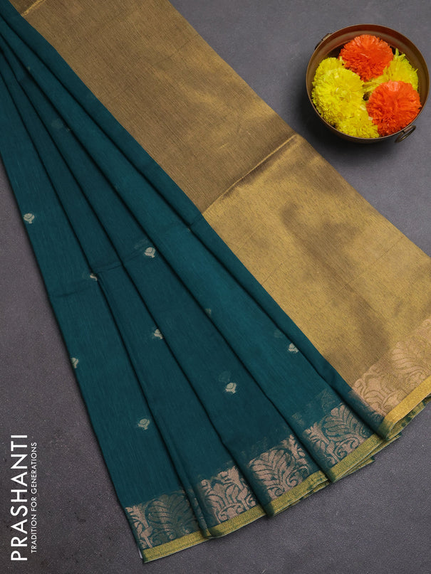 Bengal soft cotton saree peacock green with allover thread woven buttas and zari woven border