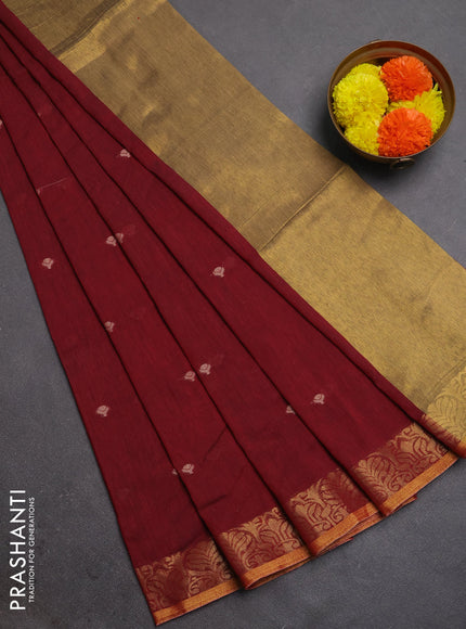 Bengal soft cotton saree maroon with allover thread woven buttas and zari woven border