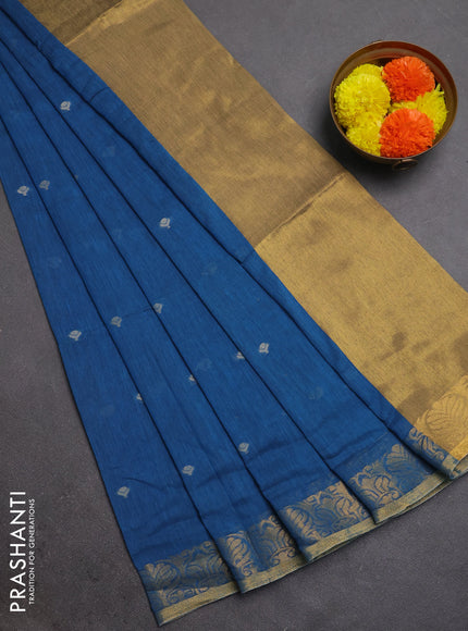 Bengal soft cotton saree cs blue with allover thread woven buttas and zari woven border