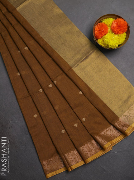 Bengal soft cotton saree dark mustard with allover thread woven buttas and zari woven border