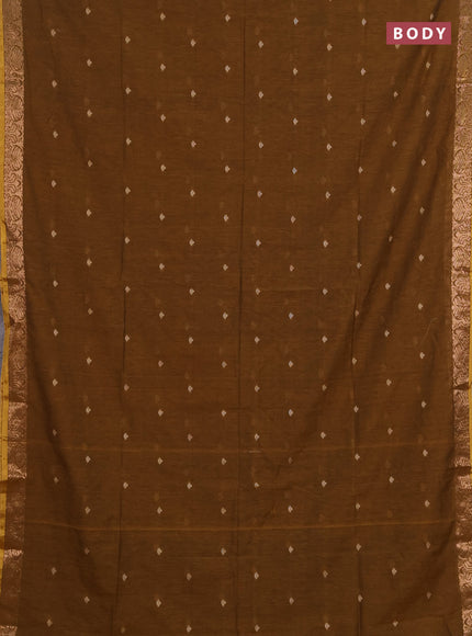 Bengal soft cotton saree dark mustard with allover thread woven buttas and zari woven border