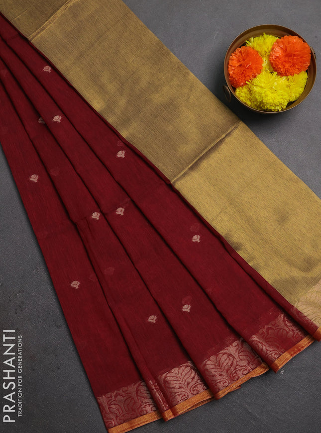 Bengal soft cotton saree maroon with allover thread woven buttas and zari woven border