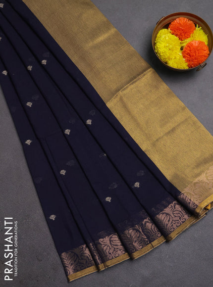 Bengal soft cotton saree navy blue with allover thread woven buttas and zari woven border