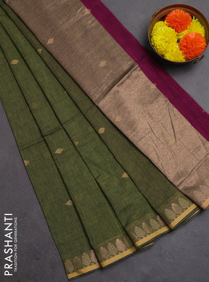 Bengal soft cotton saree mehendi green and pink with allover thread woven buttas and thread & zari woven border
