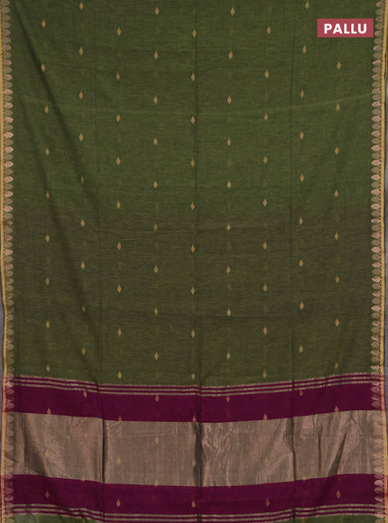 Bengal soft cotton saree mehendi green and pink with allover thread woven buttas and thread & zari woven border