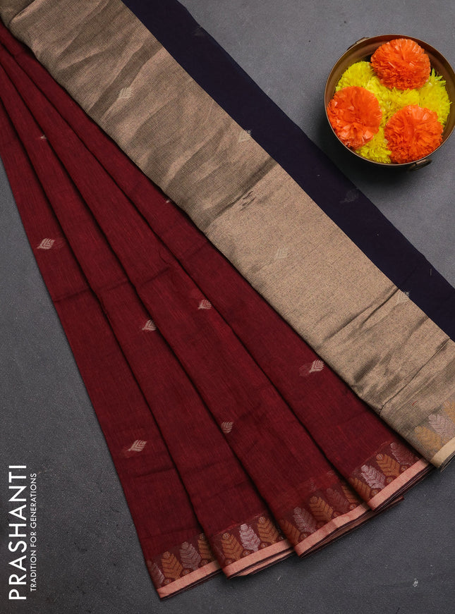 Bengal soft cotton saree maroon and navy blue with allover thread woven buttas and thread & zari woven border