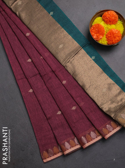 Bengal soft cotton saree mauve pink and green with allover thread woven buttas and thread & zari woven border
