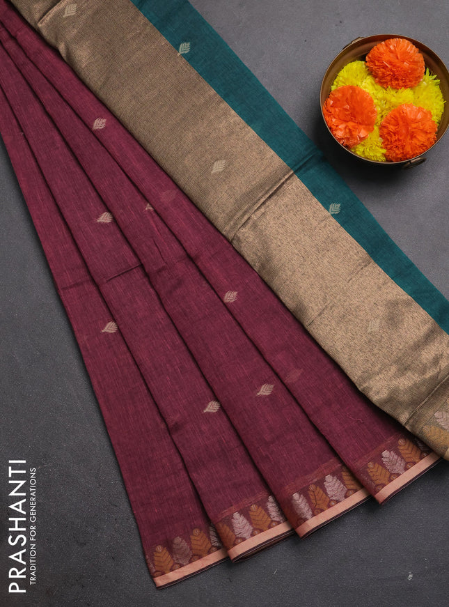 Bengal soft cotton saree mauve pink and green with allover thread woven buttas and thread & zari woven border