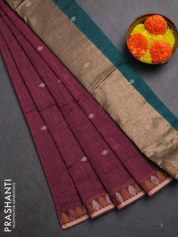 Bengal soft cotton saree mauve pink and green with allover thread woven buttas and thread & zari woven border