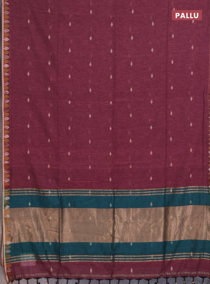 Bengal soft cotton saree mauve pink and green with allover thread woven buttas and thread & zari woven border