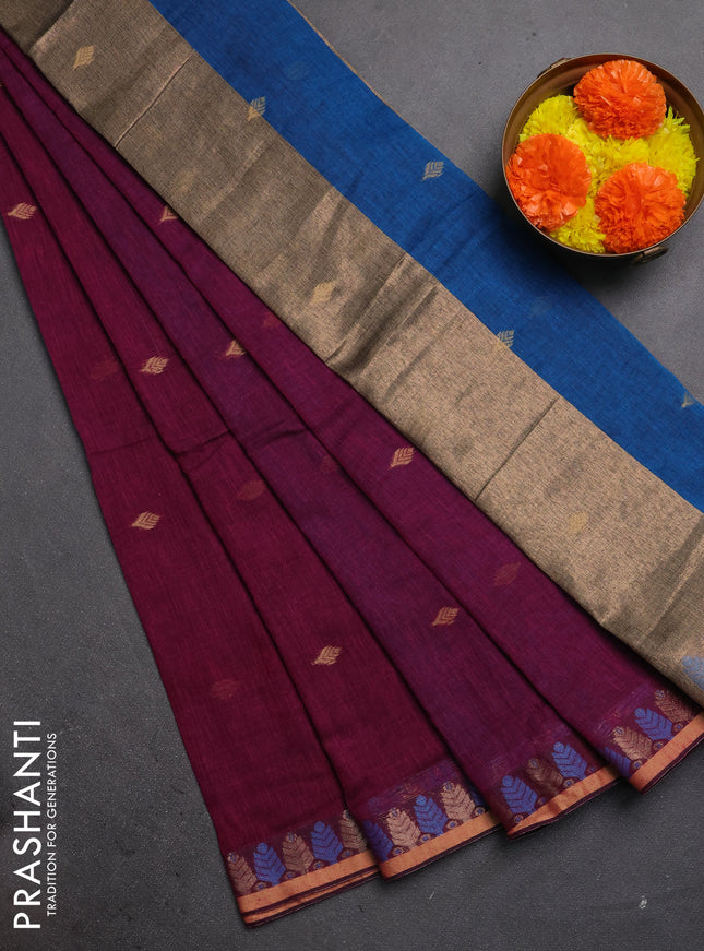 Bengal soft cotton saree magenta pink and cs blue with allover thread woven buttas and thread & zari woven border