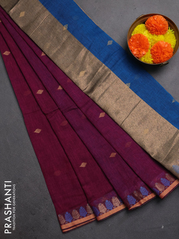 Bengal soft cotton saree magenta pink and cs blue with allover thread woven buttas and thread & zari woven border