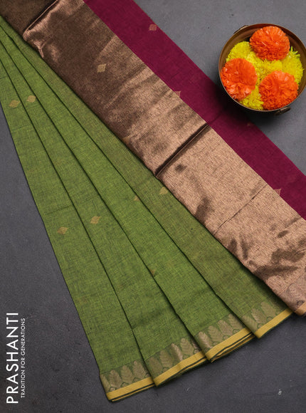Bengal soft cotton saree light green and magenta pink with allover thread woven buttas and thread & zari woven border