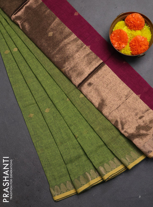Bengal soft cotton saree light green and magenta pink with allover thread woven buttas and thread & zari woven border